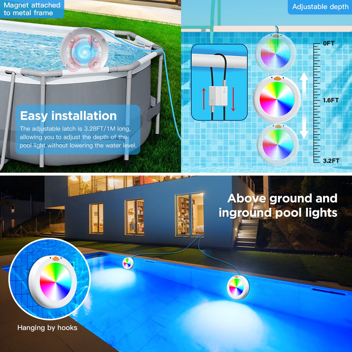 (2 Packs)Led Pool Lights for Above Ground Inground Pools RGB Color Changing Music Sync Dimmable Underwater Submersible Lights