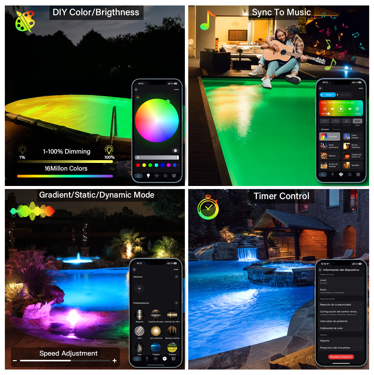 Pool Lights for Above Ground Inground Pools RGB Color Changing Music Sync Dimmable Underwater Submersible Lights
